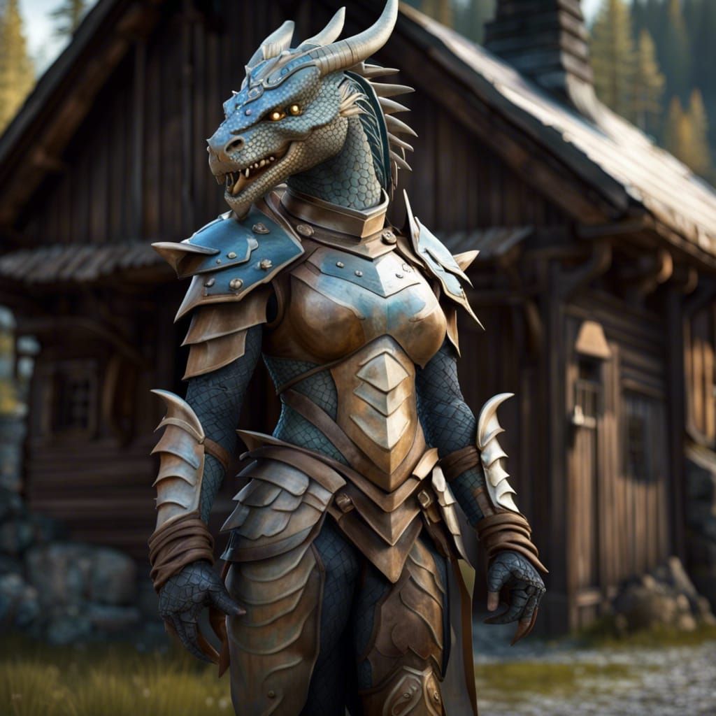 Humanoid Adamantine Dragon in Nordic Village Painting
