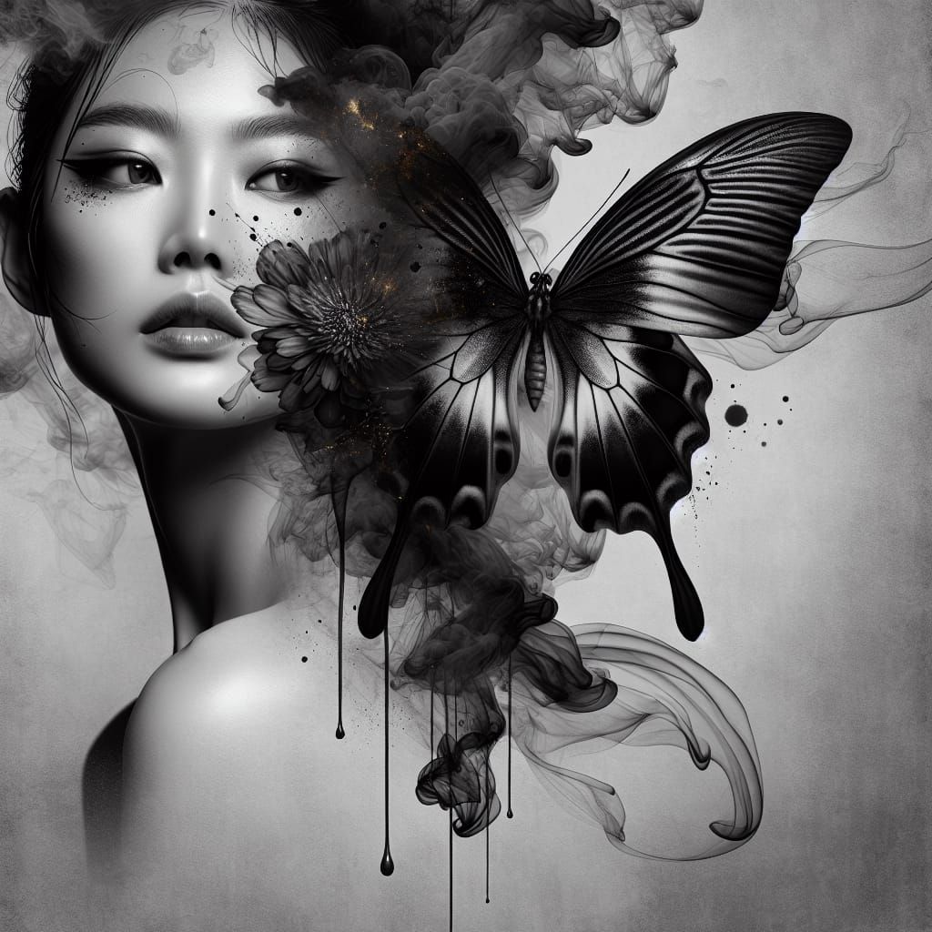 Ethereal East Asian Goddess Amidst Ink Splatters