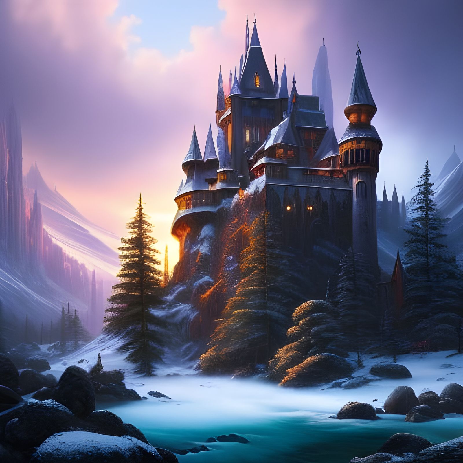 Enchanted Castle in Misty Mountains: Dark Fantasy Art