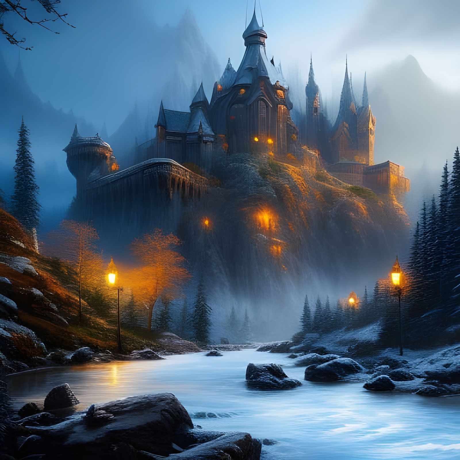 Ethereal Castle Amidst Misty Mountains
