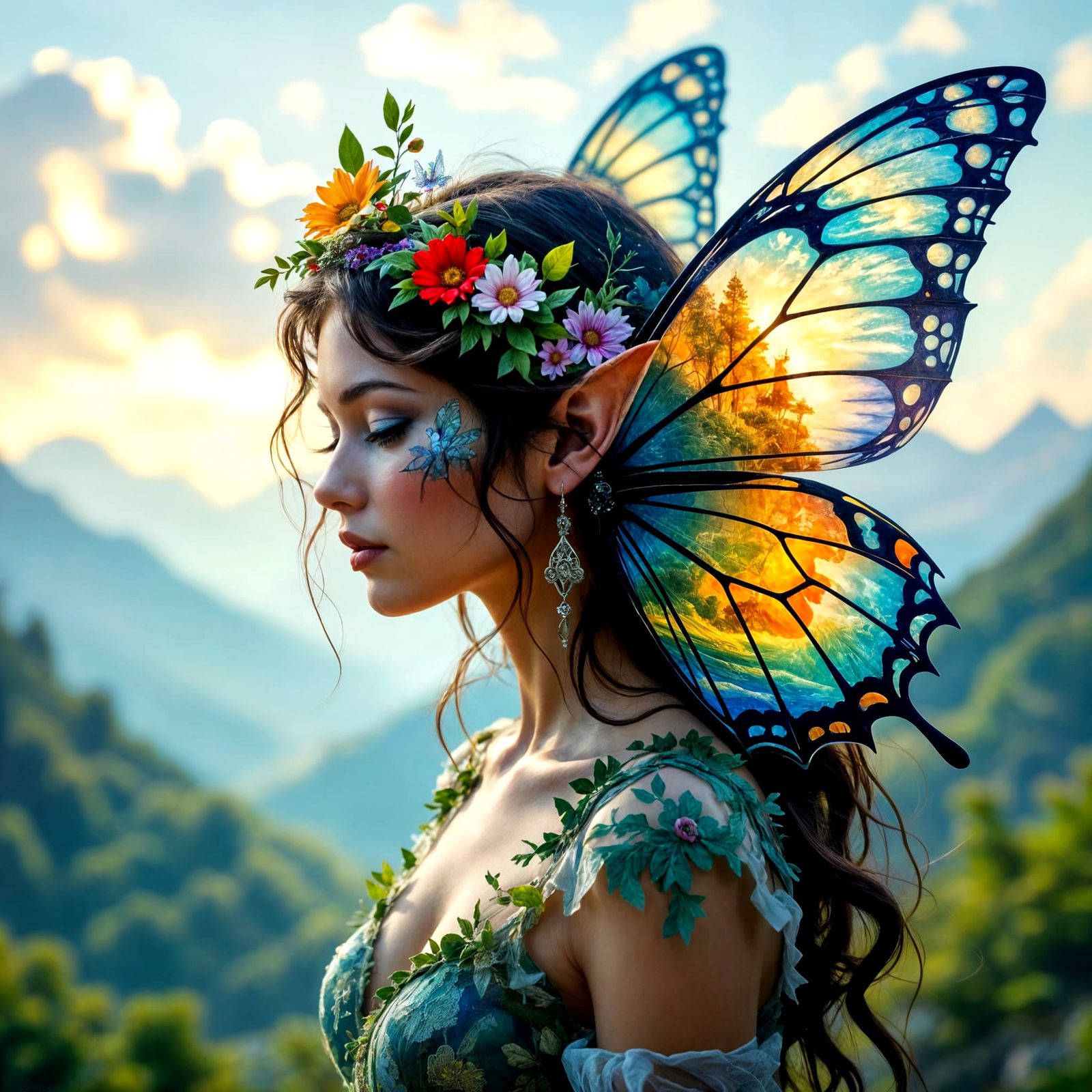 Fantasy Fairy Portrait in Double Exposure Landscape