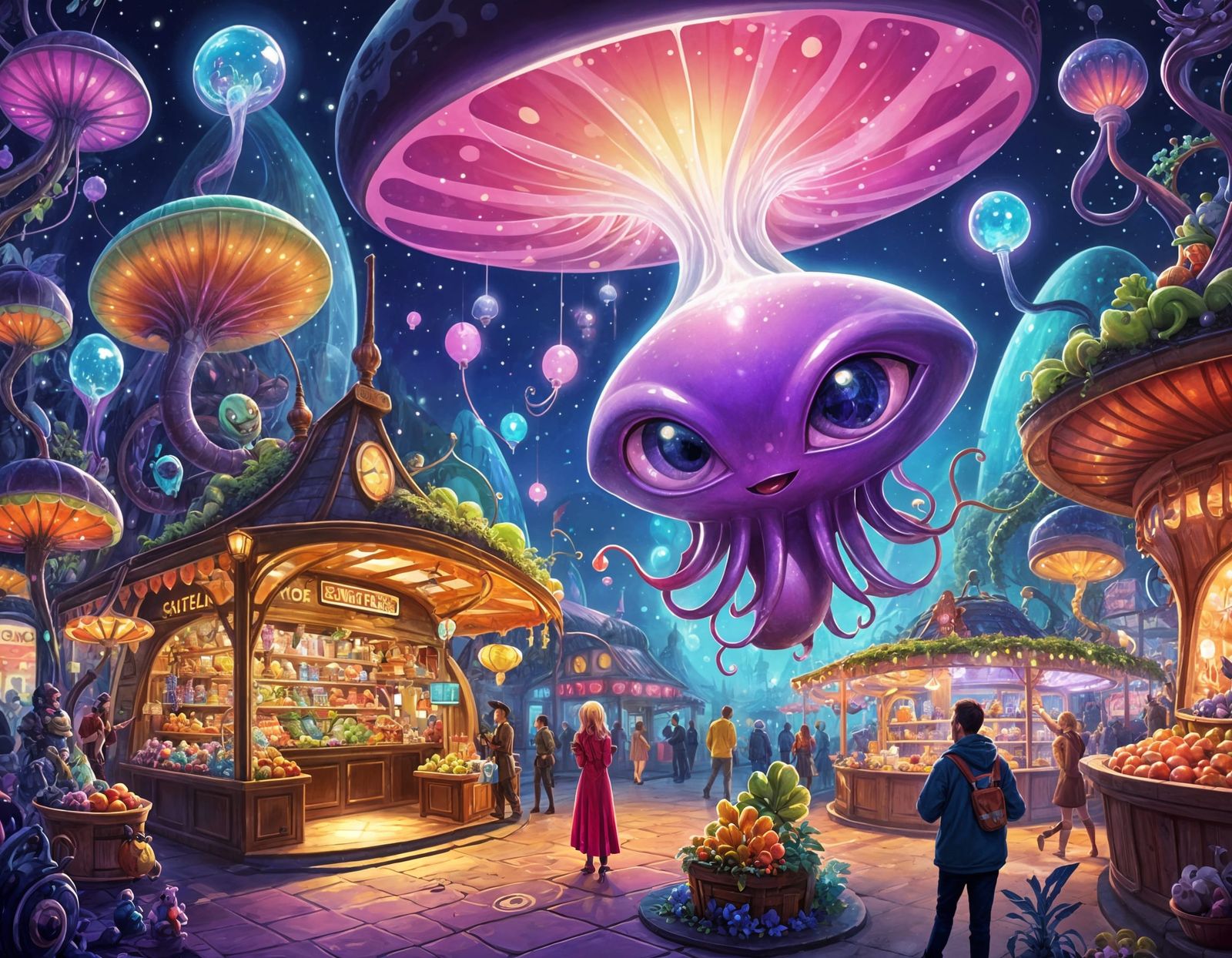 Vibrant Alien Market Scene in Cartoon Style