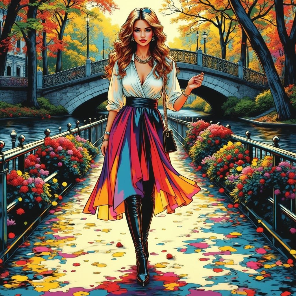 Ethereal Woman on Fairytale Path in Pop Art Style