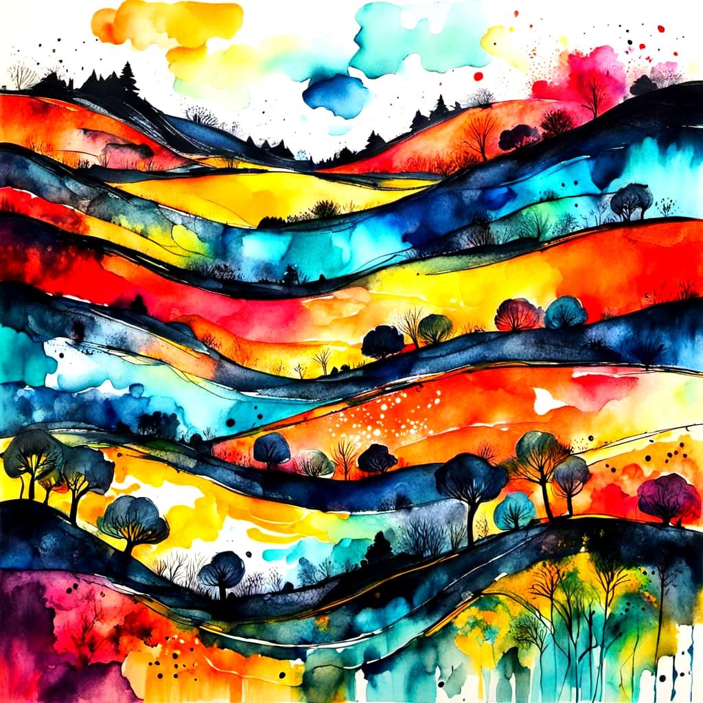 Bold Color Patchwork Ink Landscape