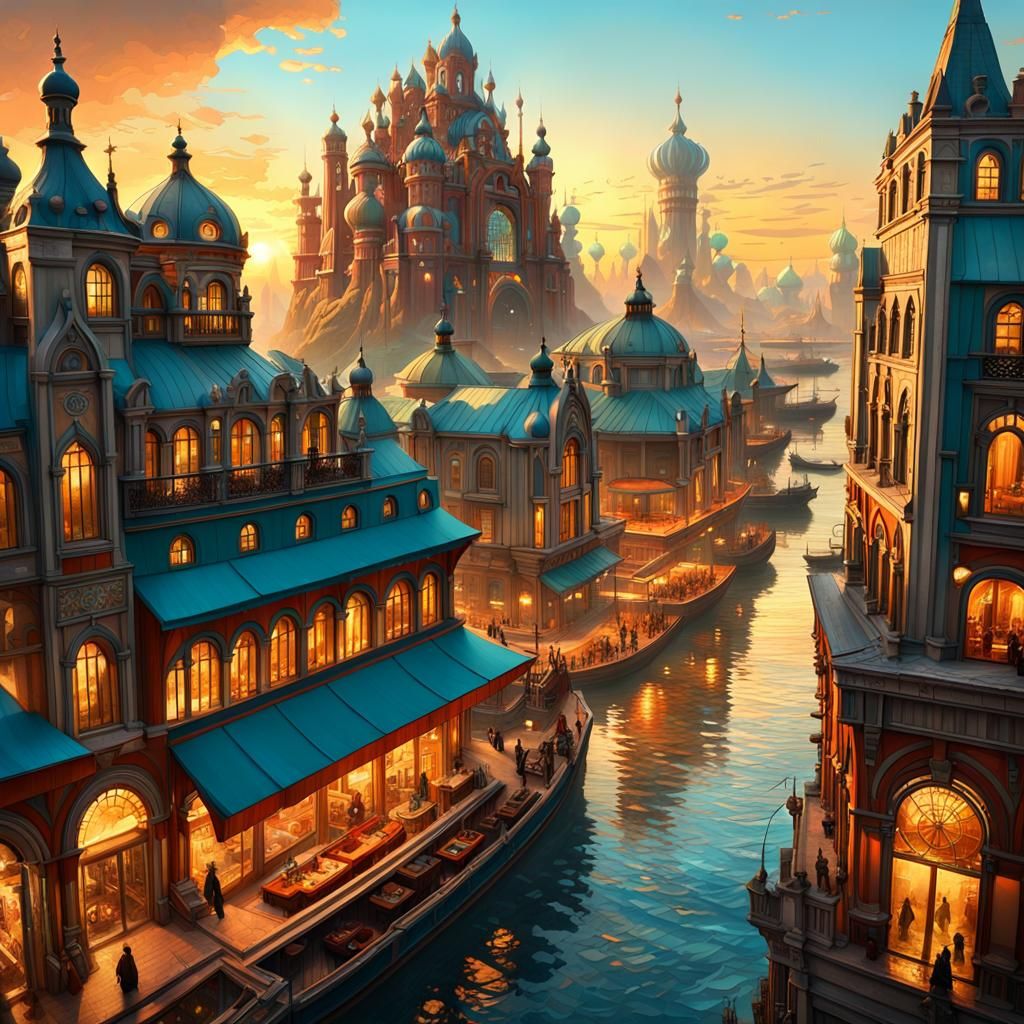 Bustling Port City at Sunset: Epic Digital Art