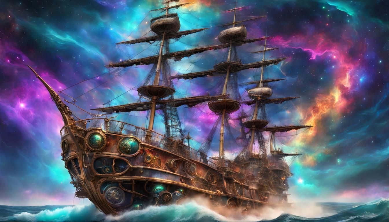Steampunk Pirate Ship Navigates Cosmic Storm