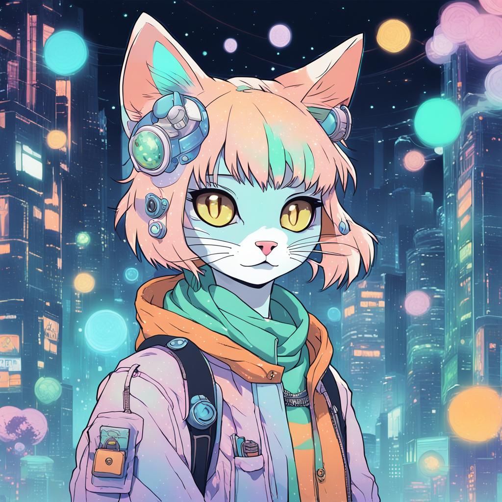 Anime Cat in Holopunk Style with Holograms