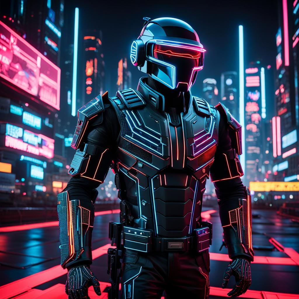 Ares from Tron,MaxTac from Cyberpunk 2077, sleek daft punk helmet and swat black armor with red glowing lights,the backg...
