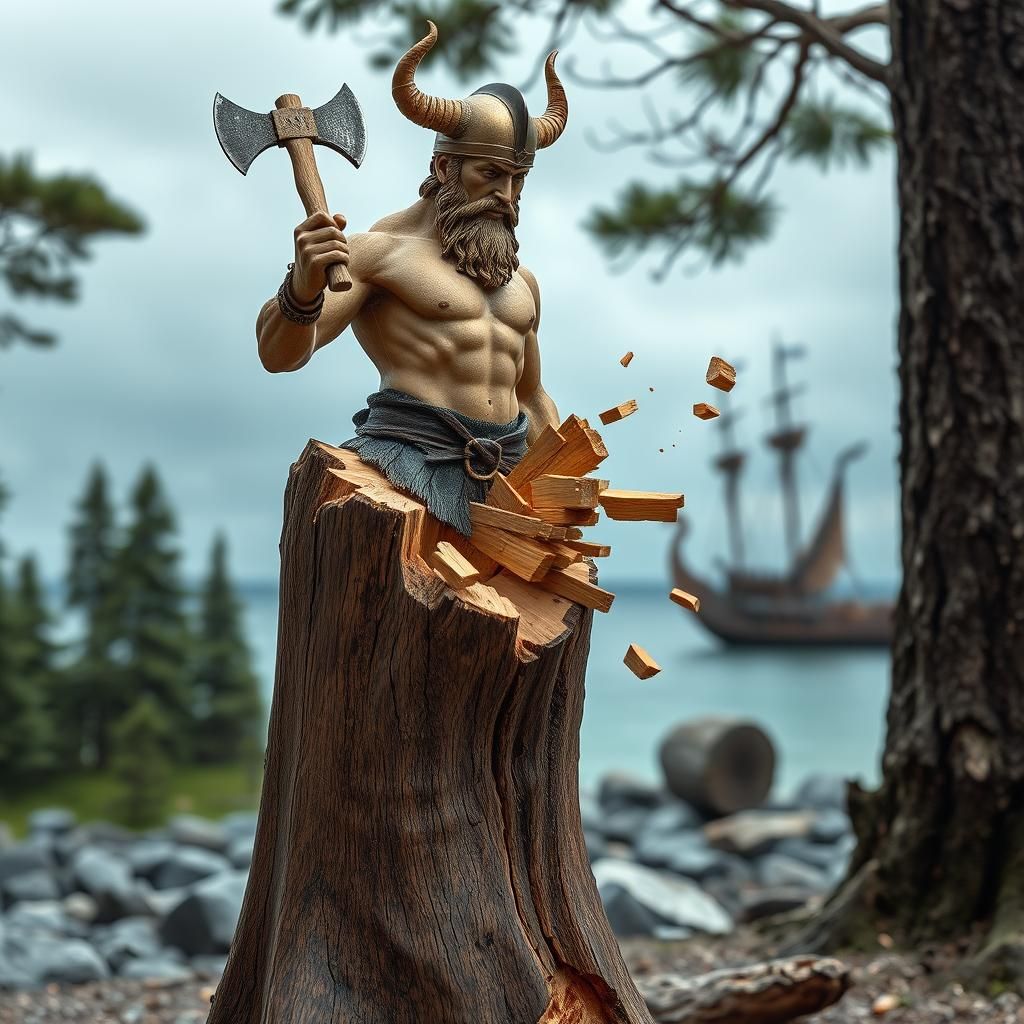 Self-Destructive Viking Wood Sculpture in 8K
