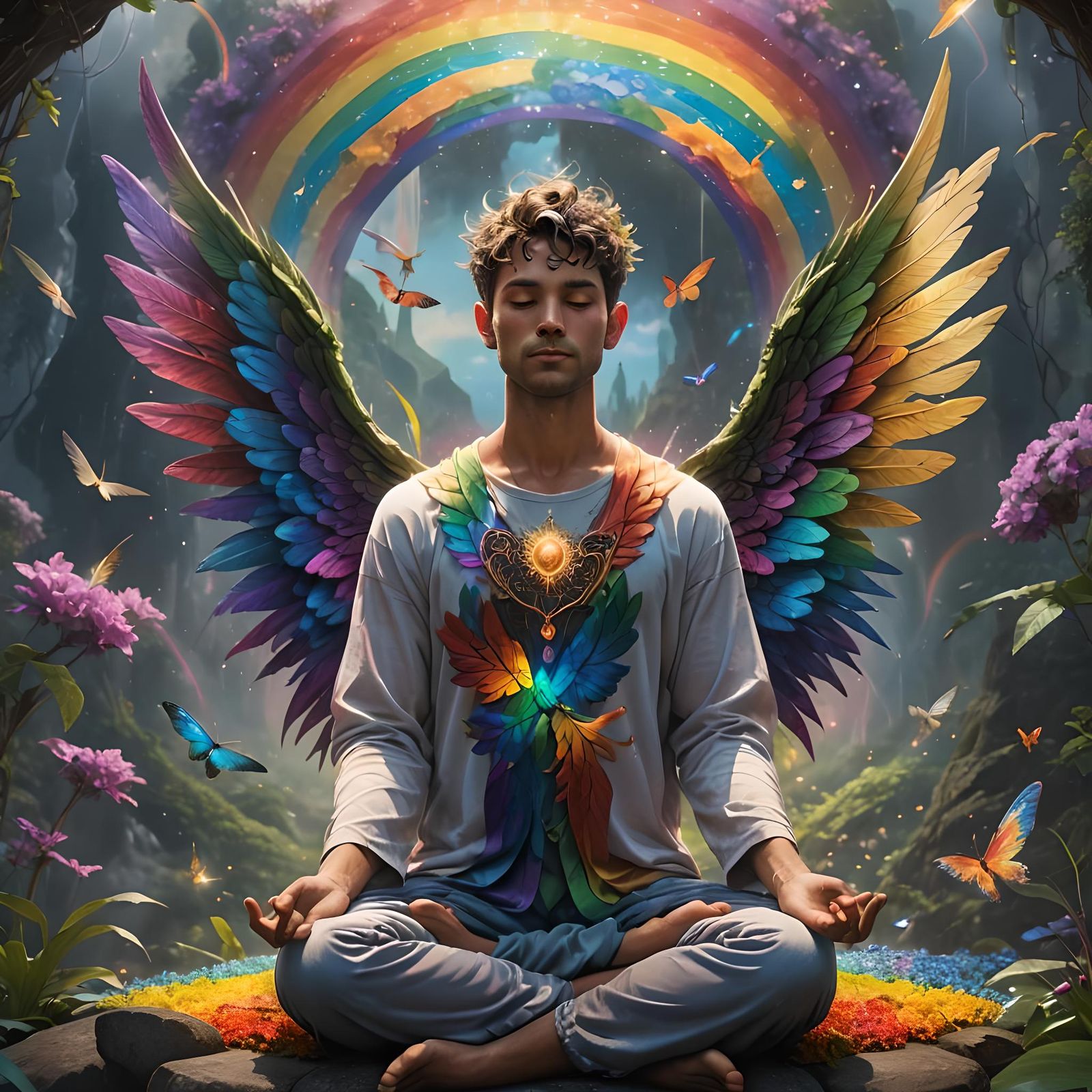 Rainbow Winged Fairy Meditating, Fantasy Art