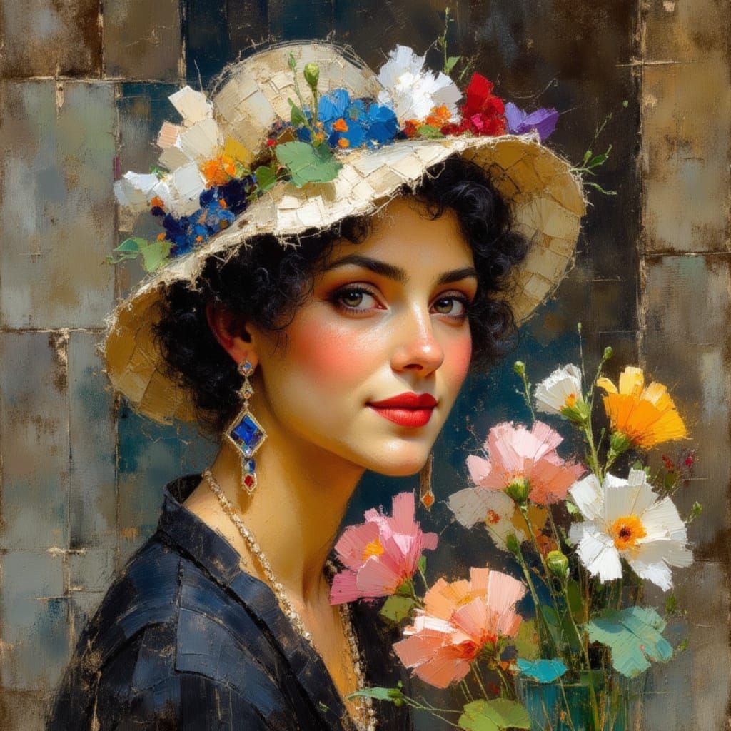 London Flower Seller Portrait in Oil Painting Style