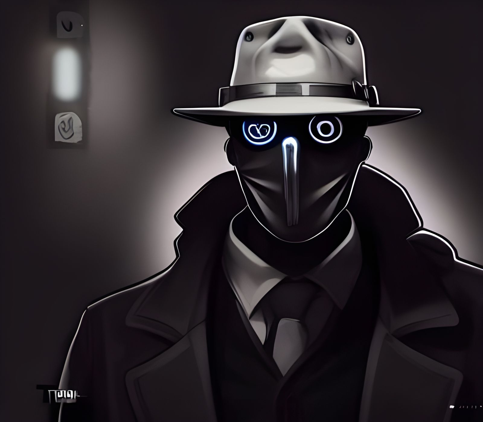 Noir Detective with Glowing Eyes in Art Nouveau Style