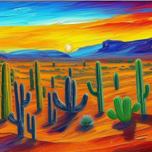 Neo-Impressionist Desert Sunset with Cacti