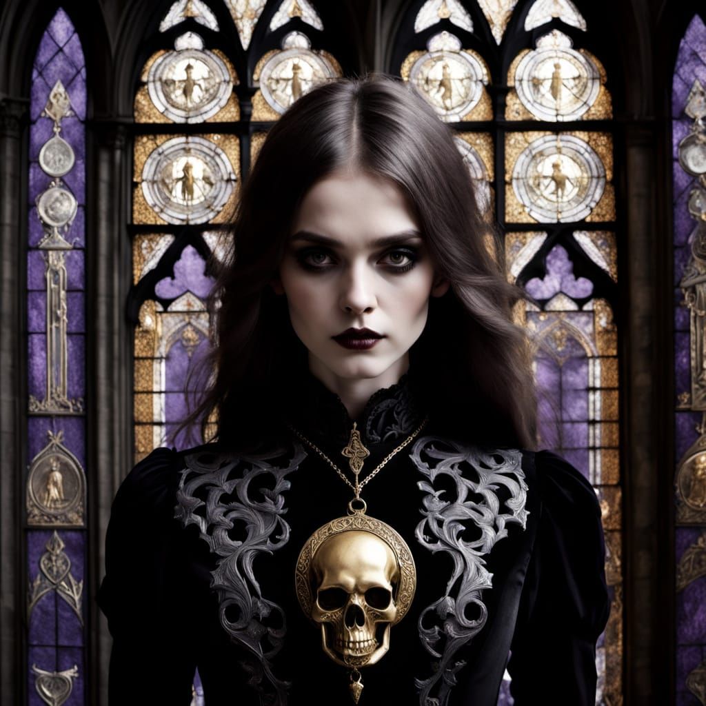 Gothic Valkyrie with Skull Locket in Cathedral