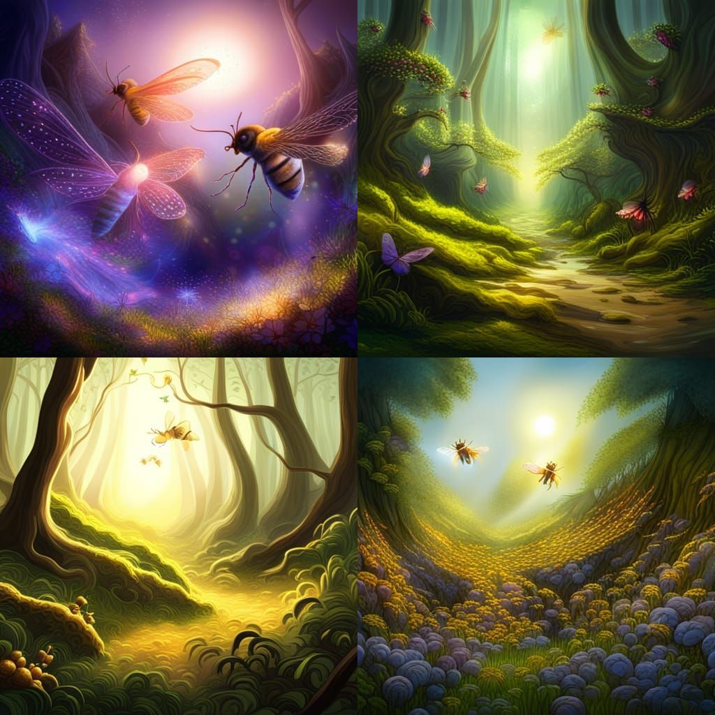 Ethereal Forest Swarm of Shimmering Winged Bees