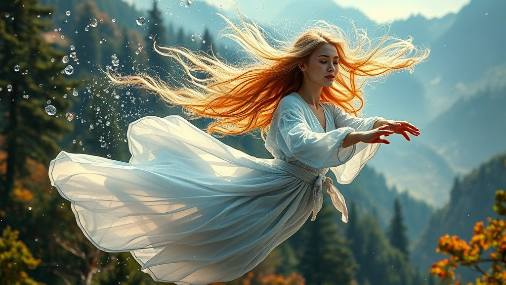 Ethereal Woman Soaring Among Water Droplets in 8K