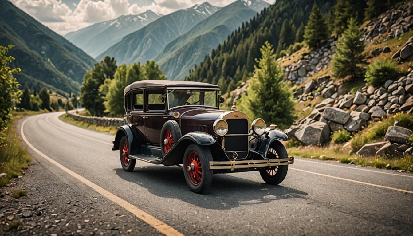 Antique Car on Mountain Road: Professional Photography