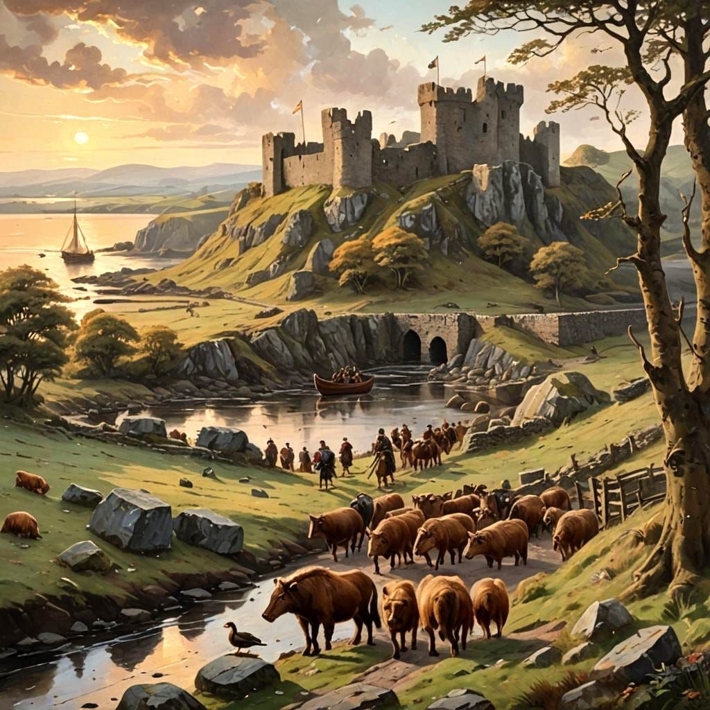 Irish Exiles in Ruined Fort, Celtic Medieval Painting