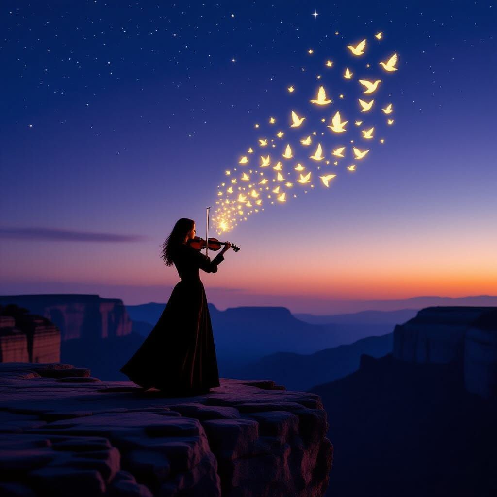Violinist Silhouette on Cliff at Dusk with Golden Birds