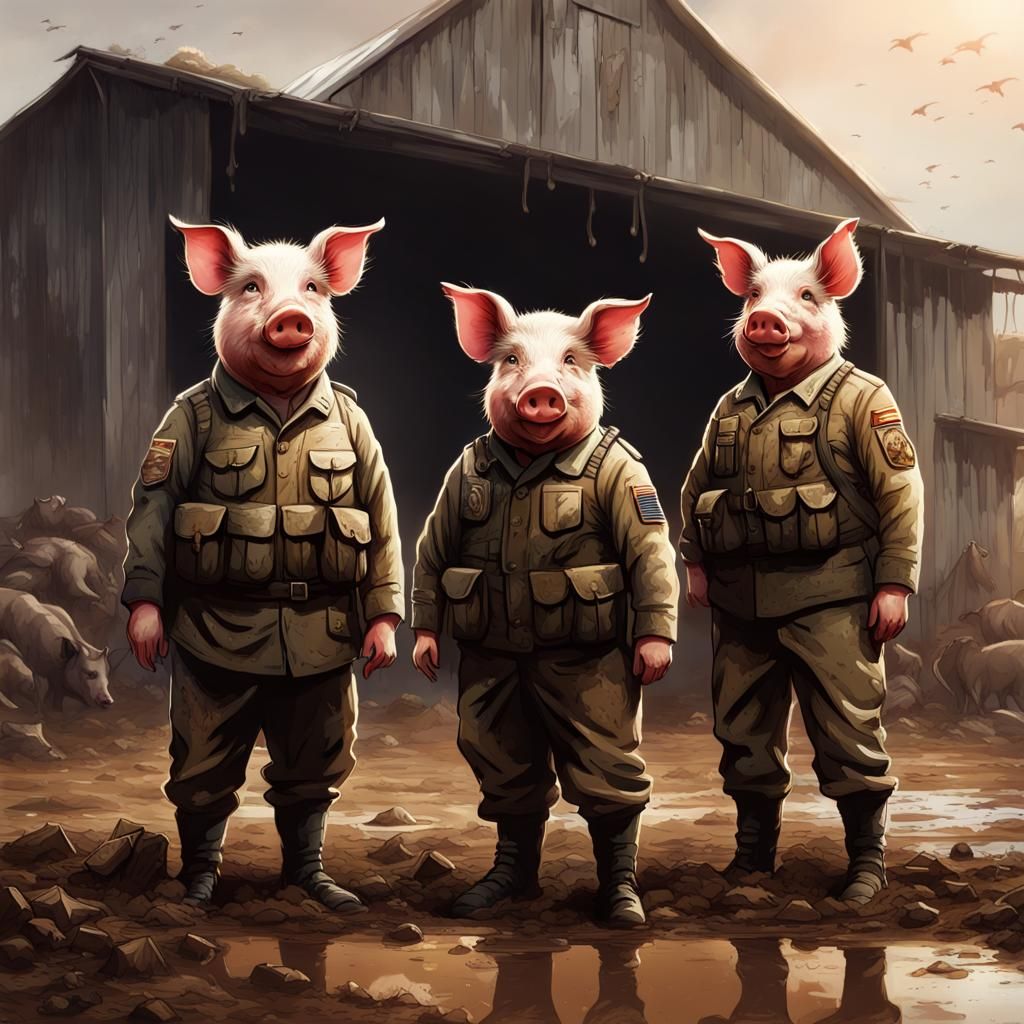 Pigs as Army Officers on Battlefield