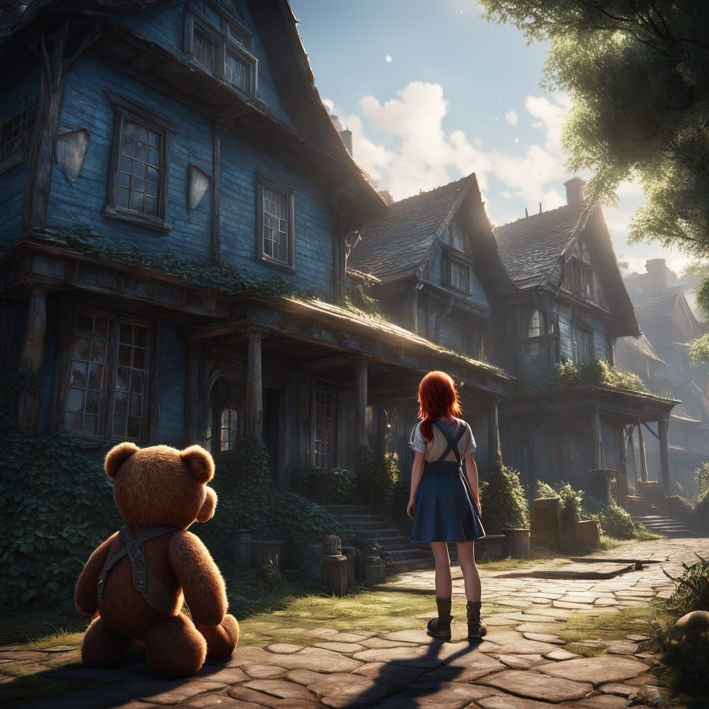 Girl Gazes at Giant Teddy Bear in Digital Matte Painting