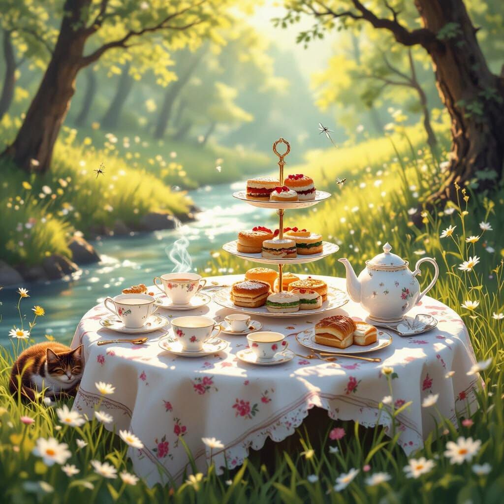 Cozy Meadow Tea Picnic with Tabby Cat