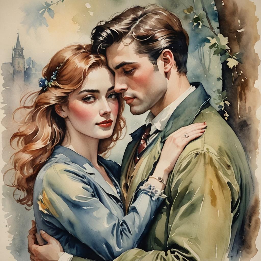 Romantic vintage portrait of a young handsom man and beautif...