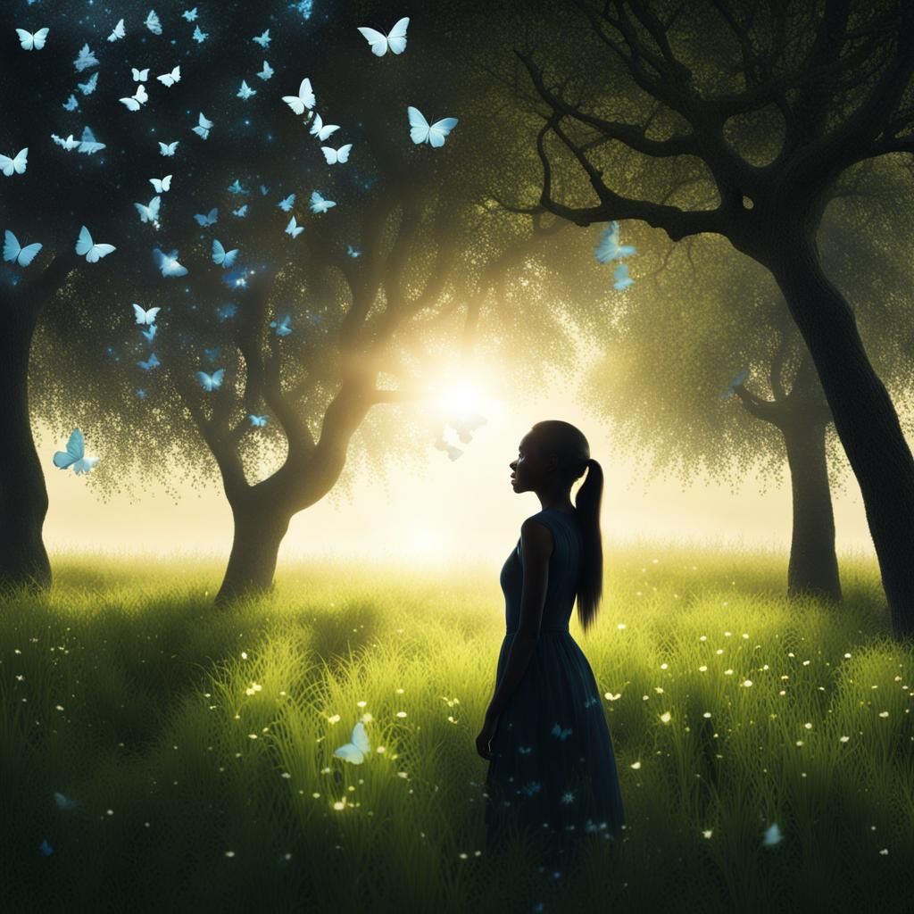 Glowing Eyes in Butterfly Meadow: Digital Matte Painting