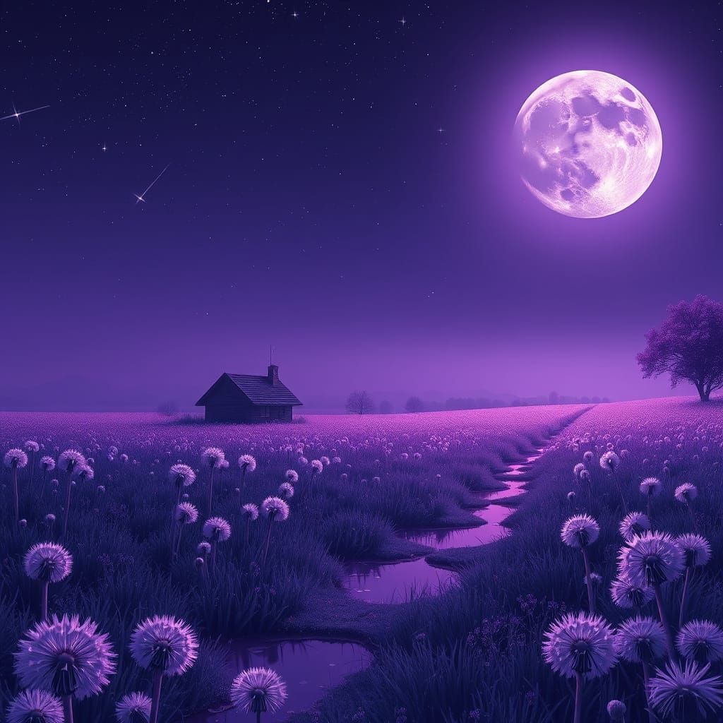 Purple Moon Shines on Dandelion Field