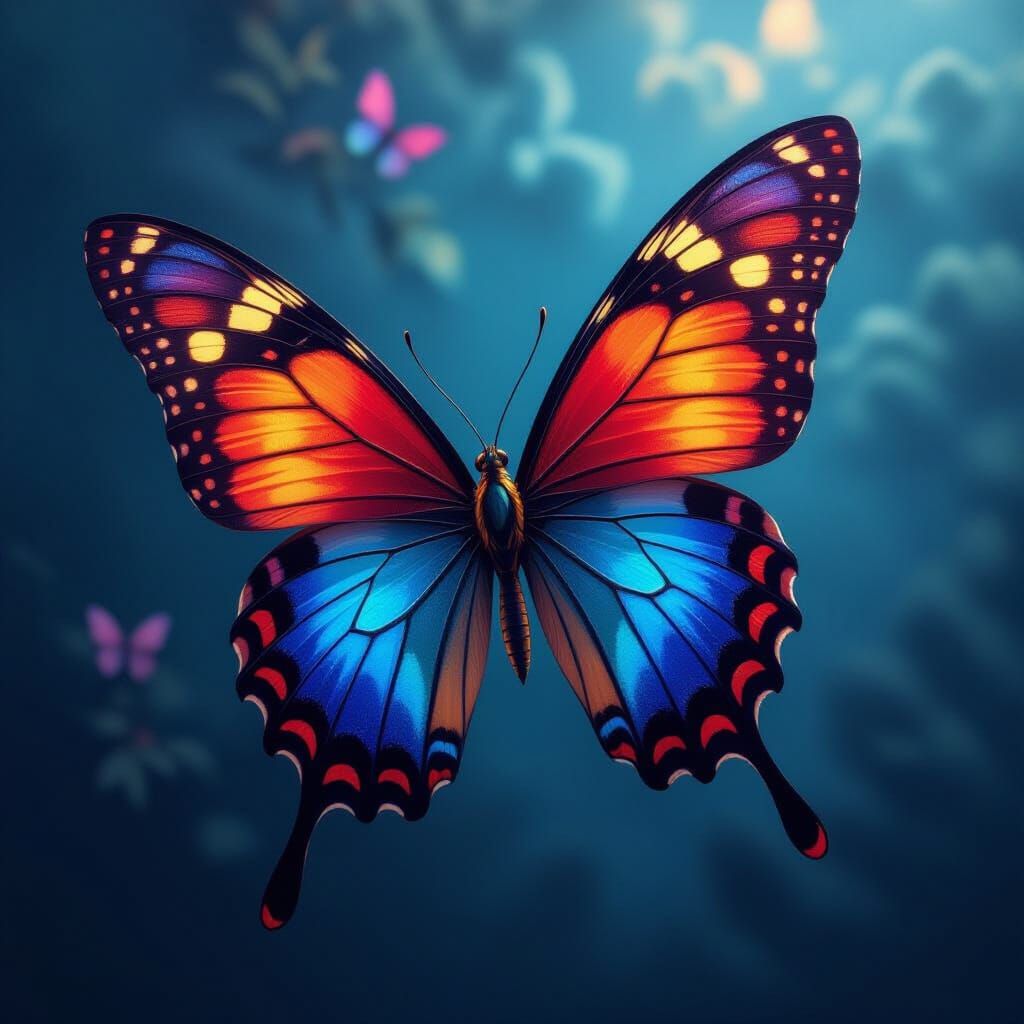 Vibrant Butterfly Soars Through Fantasy Night Sky