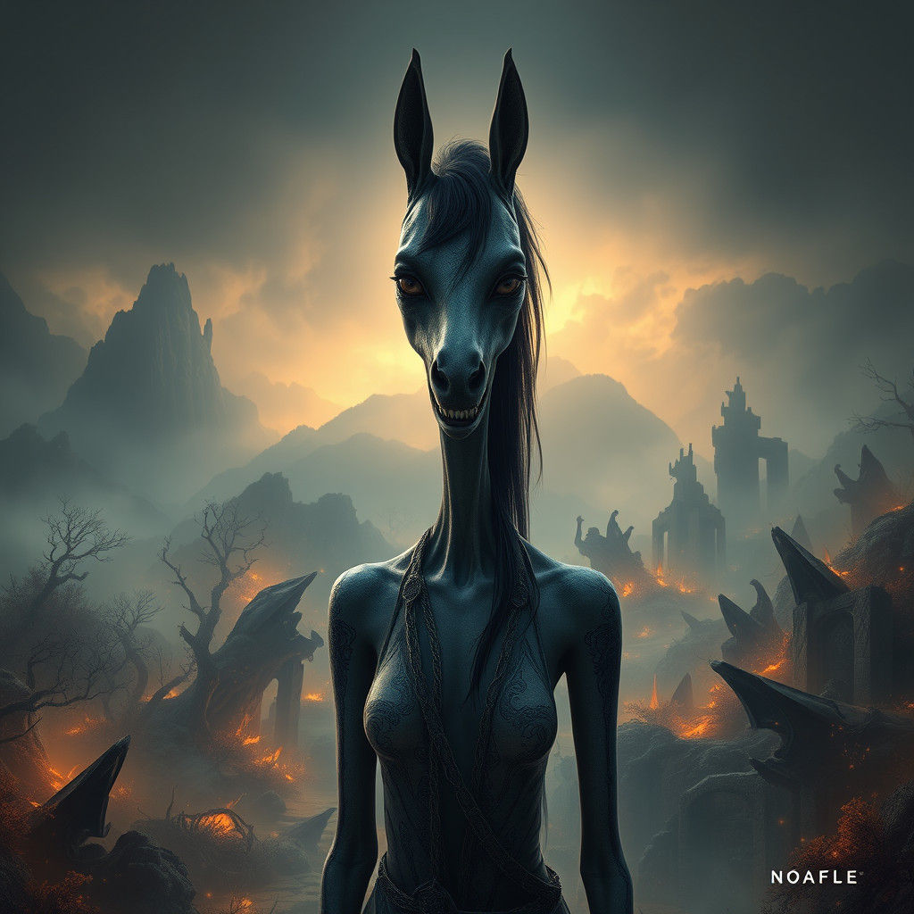 Horse-Faced Woman in Mystical Cinematic Realm
