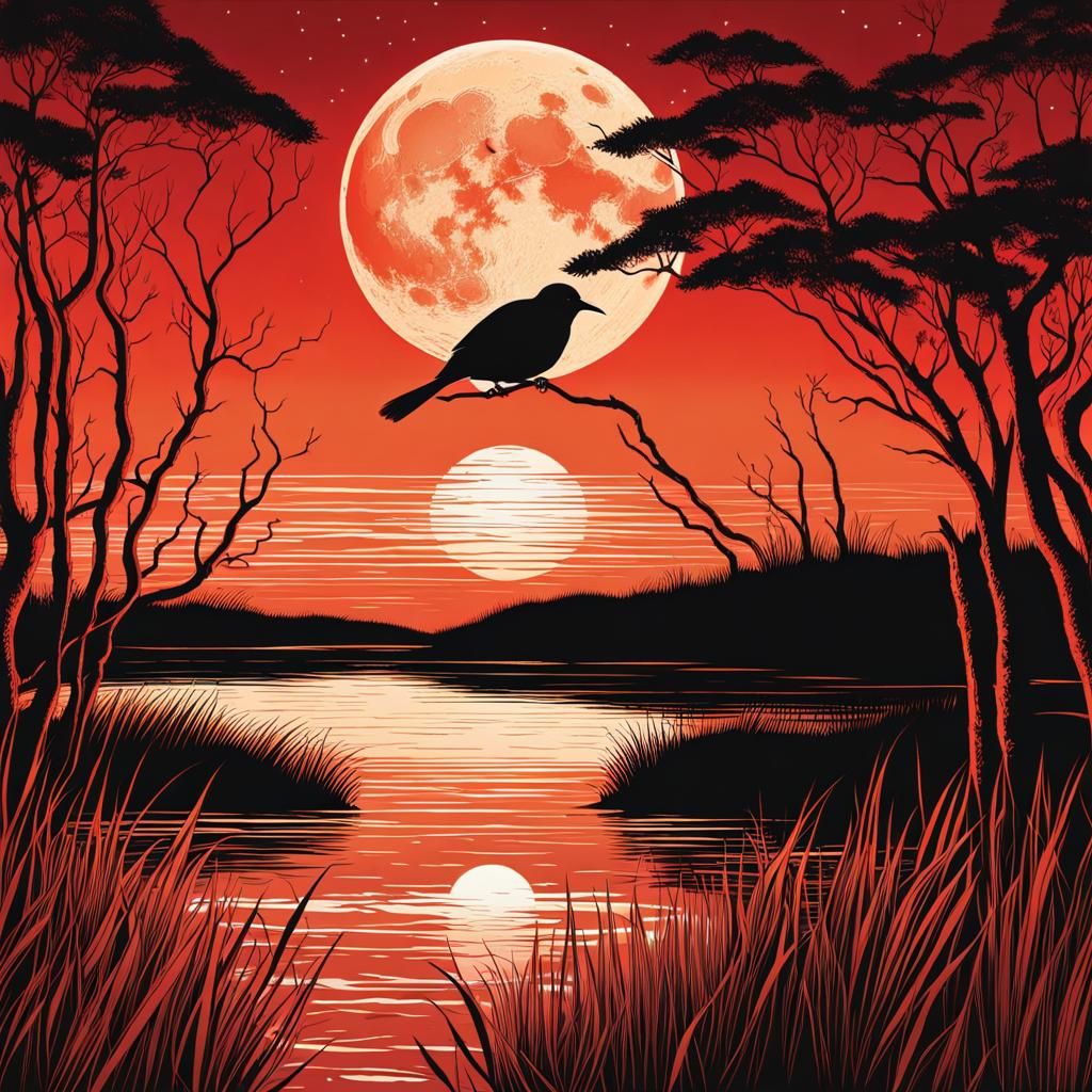 Epic Red-Orange Moon Over Sea Marshes