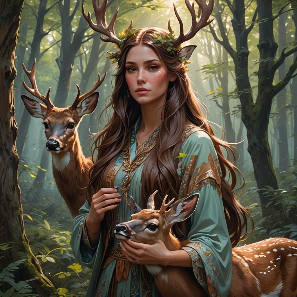 Girl with Deer Spirit Animal in Forest, Detailed Portrait