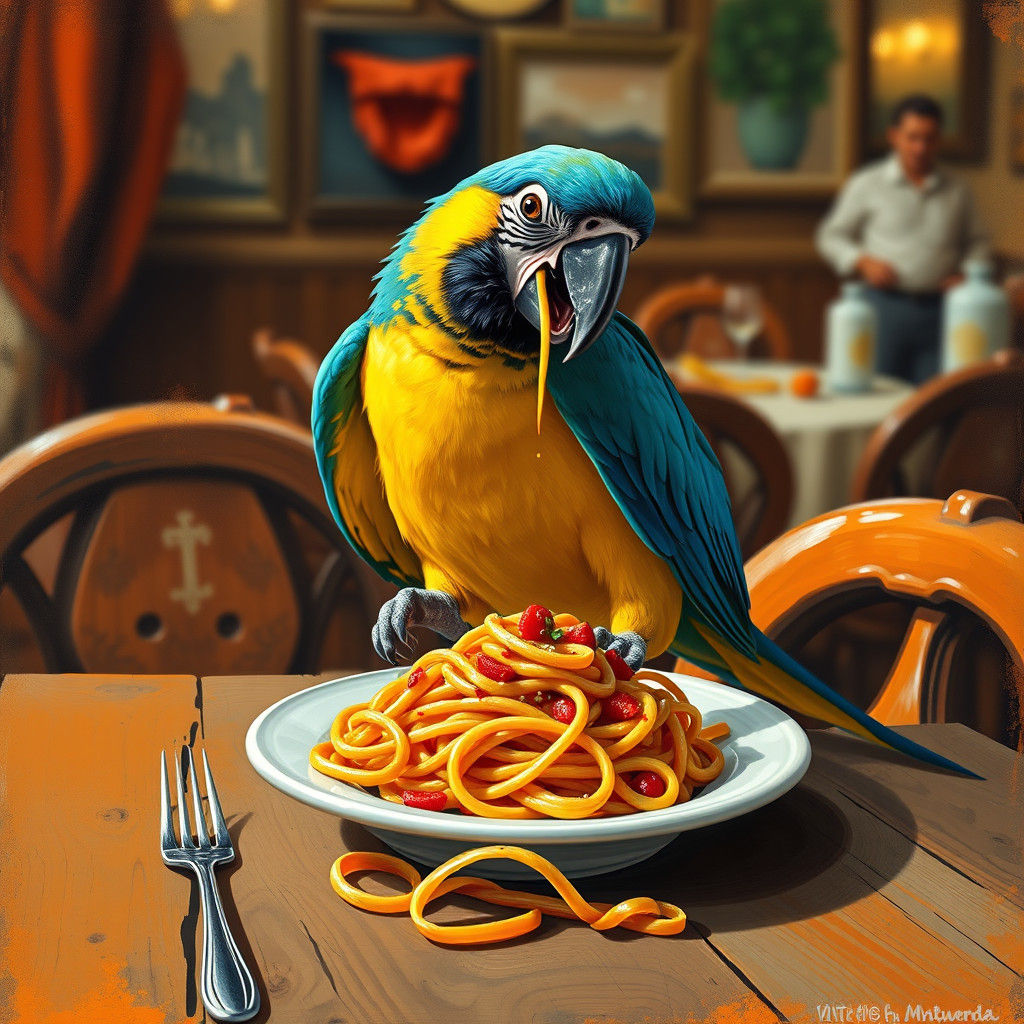 Parrot's Pasta Feast: Whimsical Italian Trattoria Scene