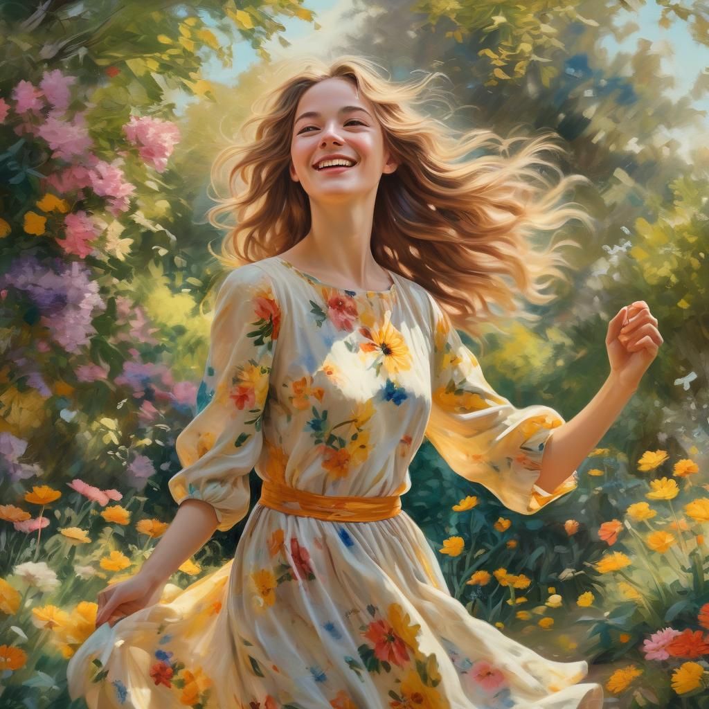 Woman Dancing in Garden, Impressionist Oil Painting