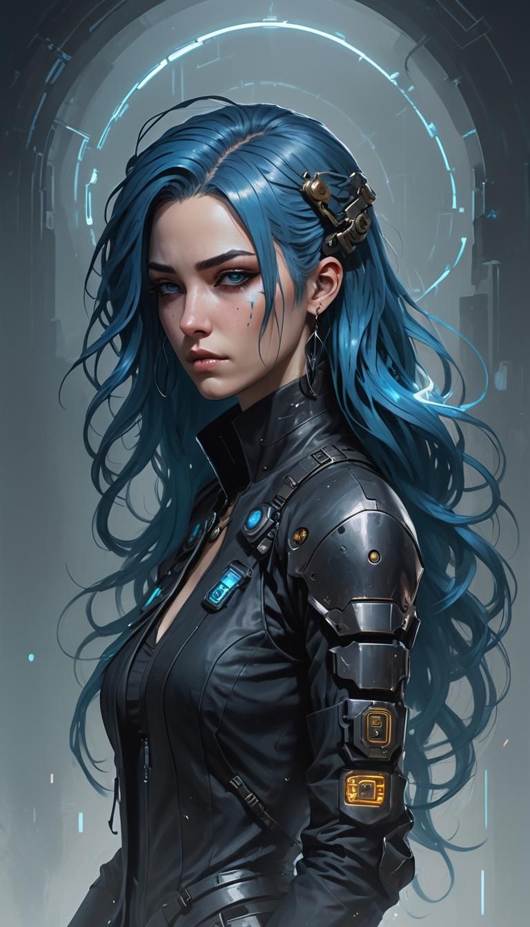 Cyberpunk Cleric with Flowing Blue Hair Portrait