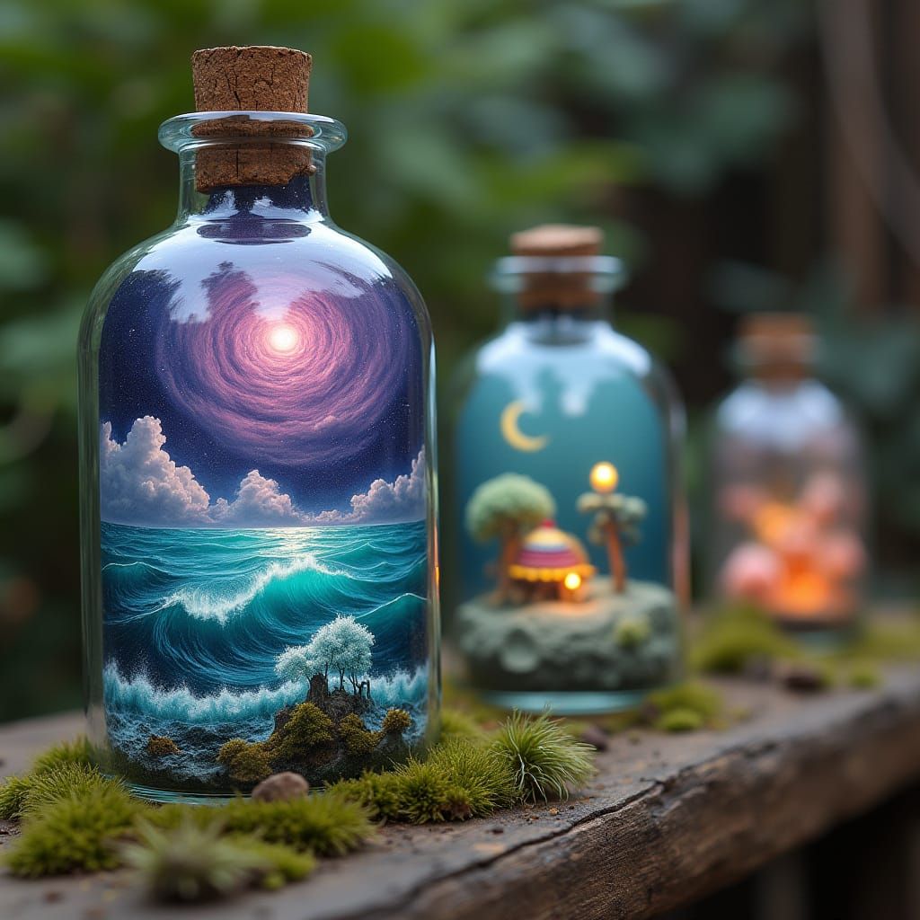 Surreal Miniature Worlds in Glass Bottles