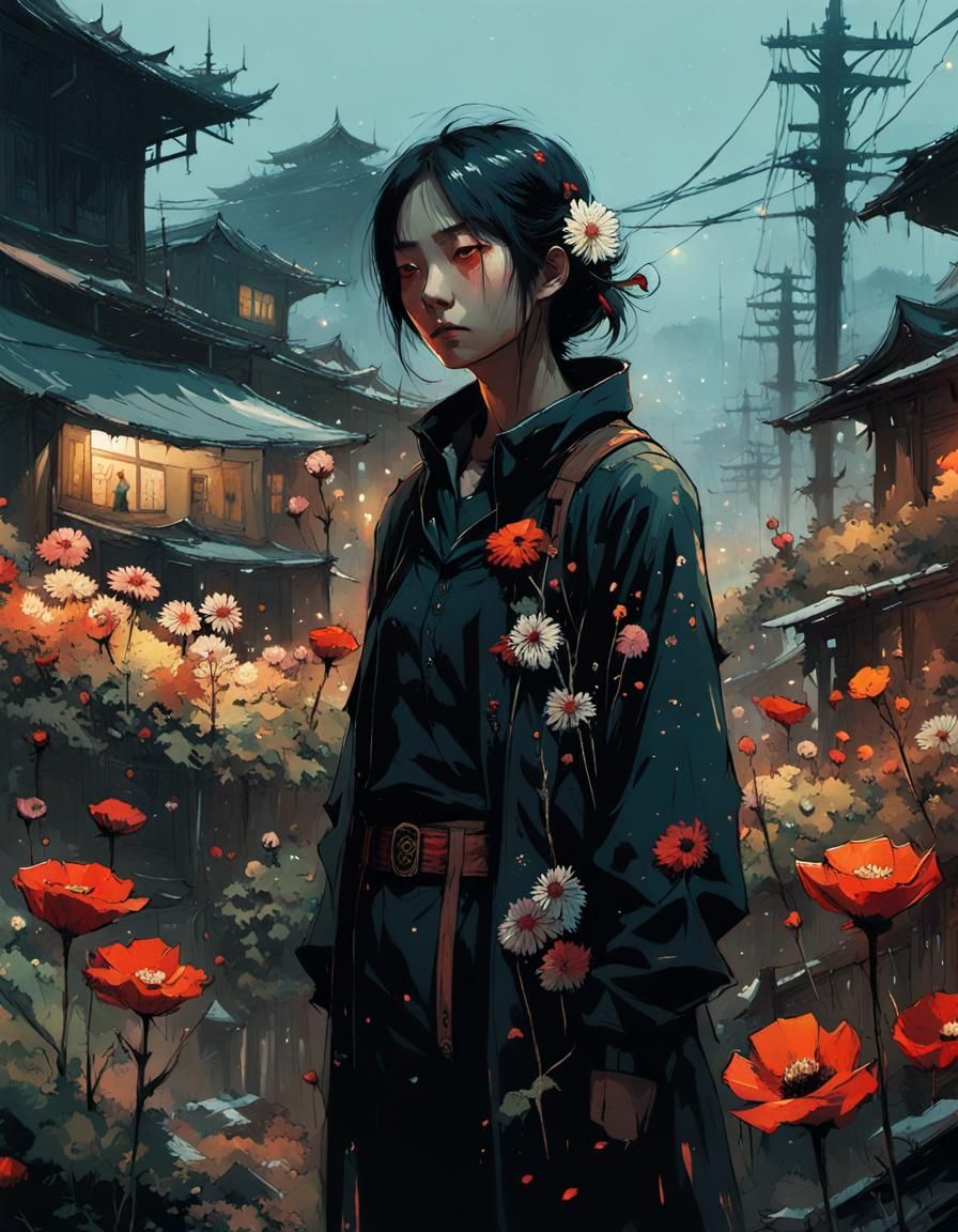 Sad Woman's Floral Metamorphosis: Digital Illustration