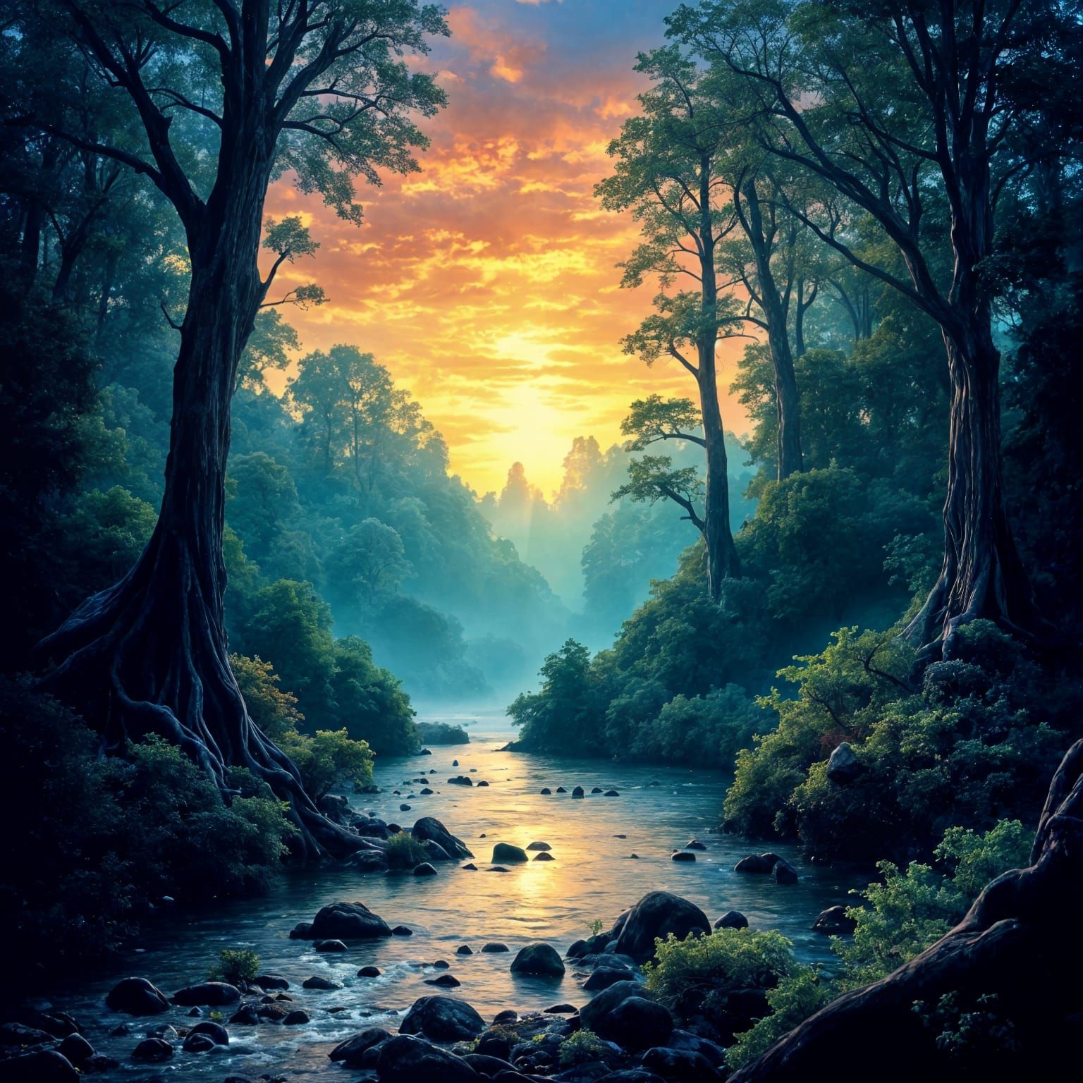 Mysterious River at Turquoise Sunset in Deep Woods