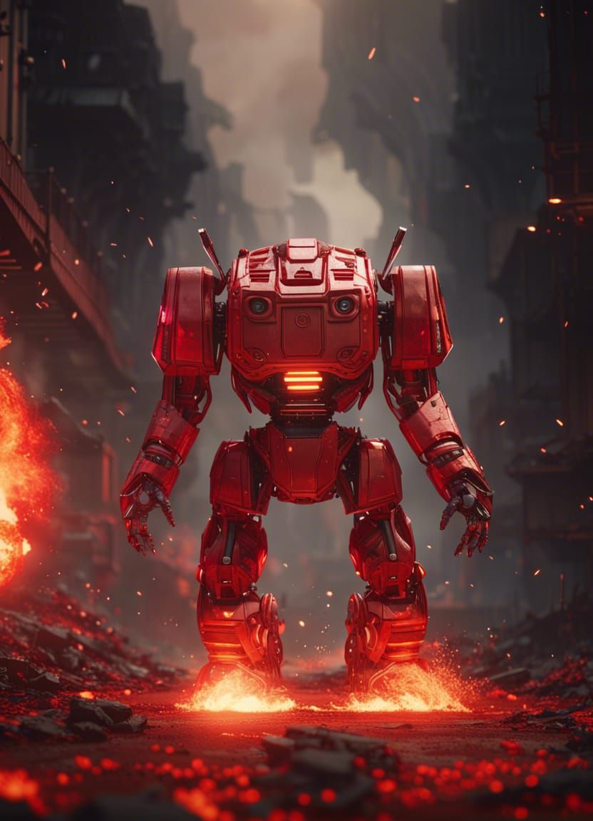 Giant Red Robot Walks Through Fire in Sci-Fi Scene