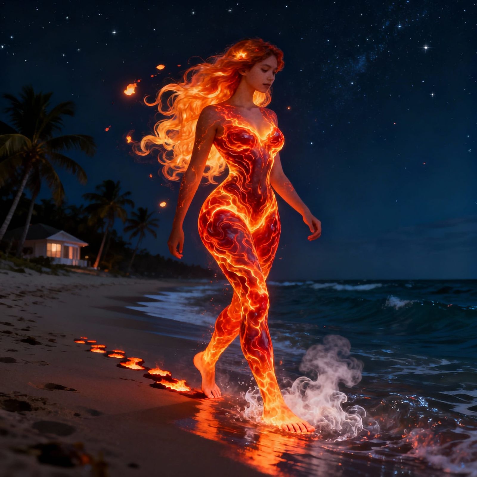 Lava Woman Walking on Beach at Night