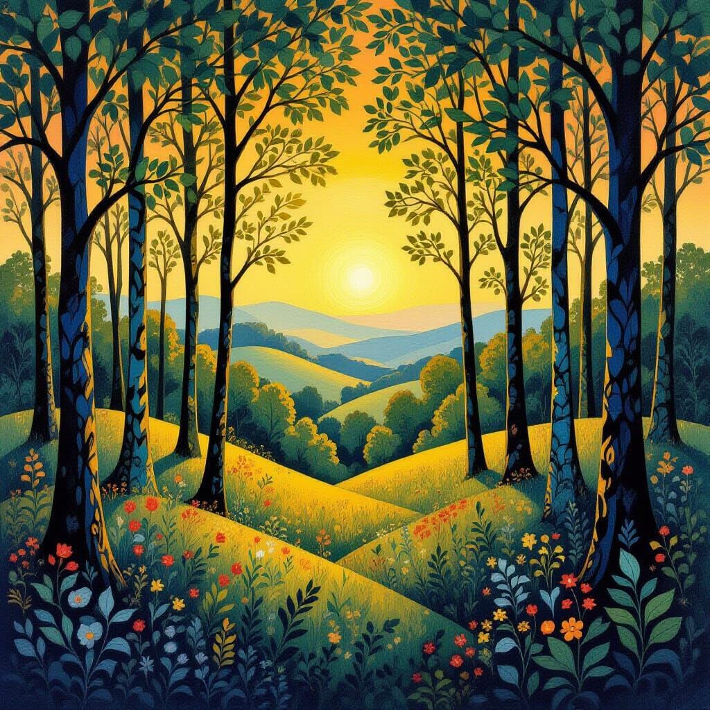 Mystical Forest Landscape in Art Nouveau Style