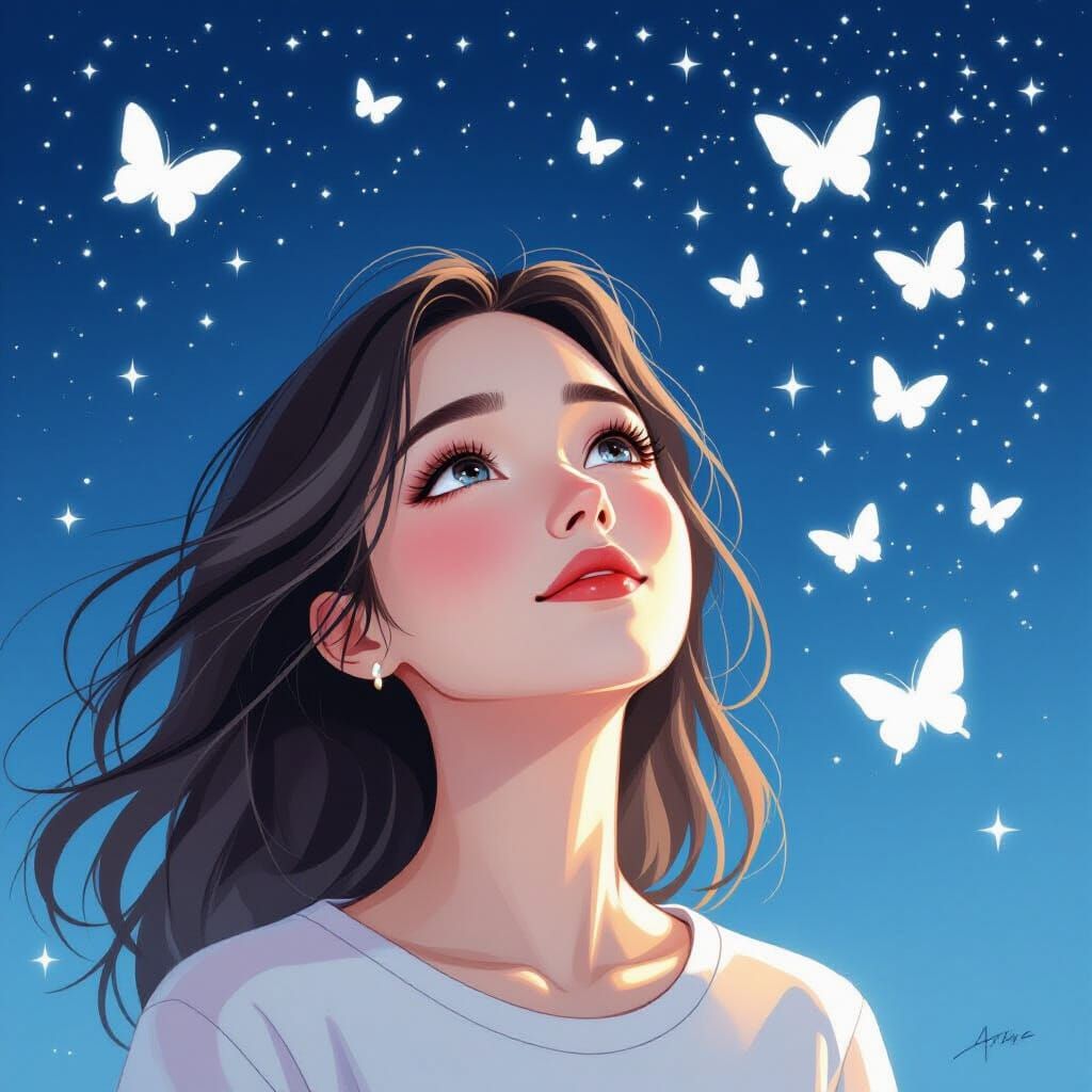 Ukrainian Woman Gazing at Night Sky in Watercolor Style