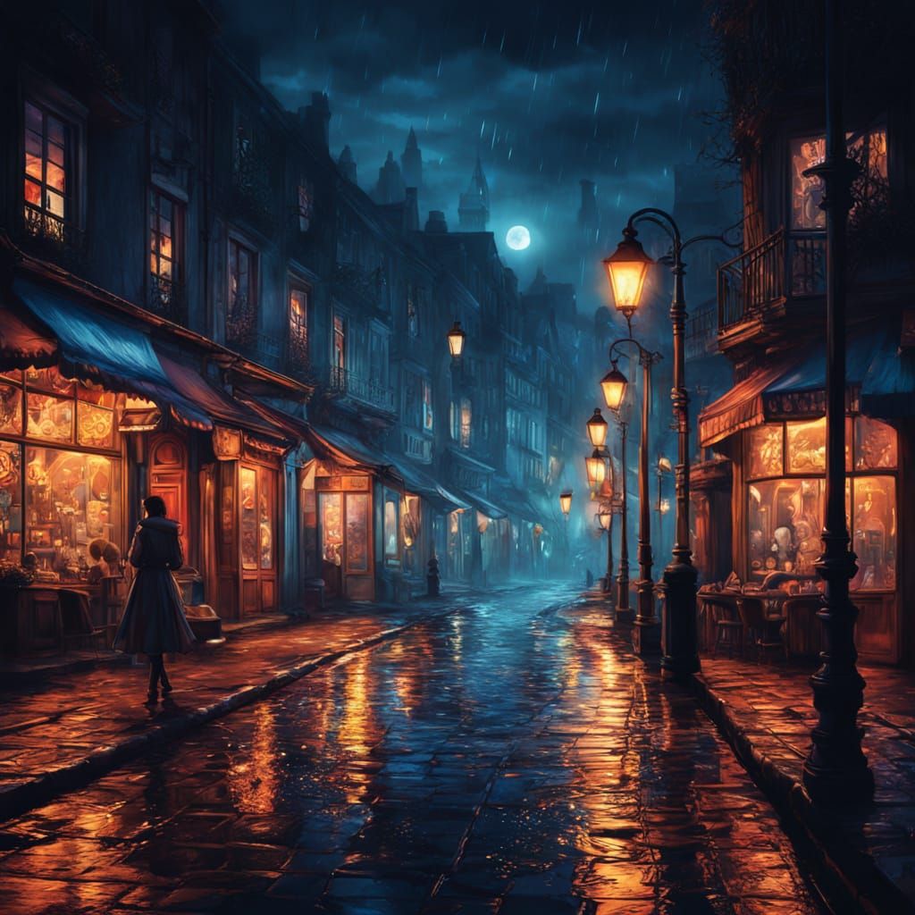 Nighttime Seaside Boulevard in Dreamlike Illustration Style