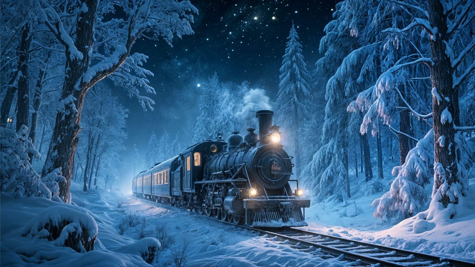 Vintage Train Journey Through Frozen Forest at Night