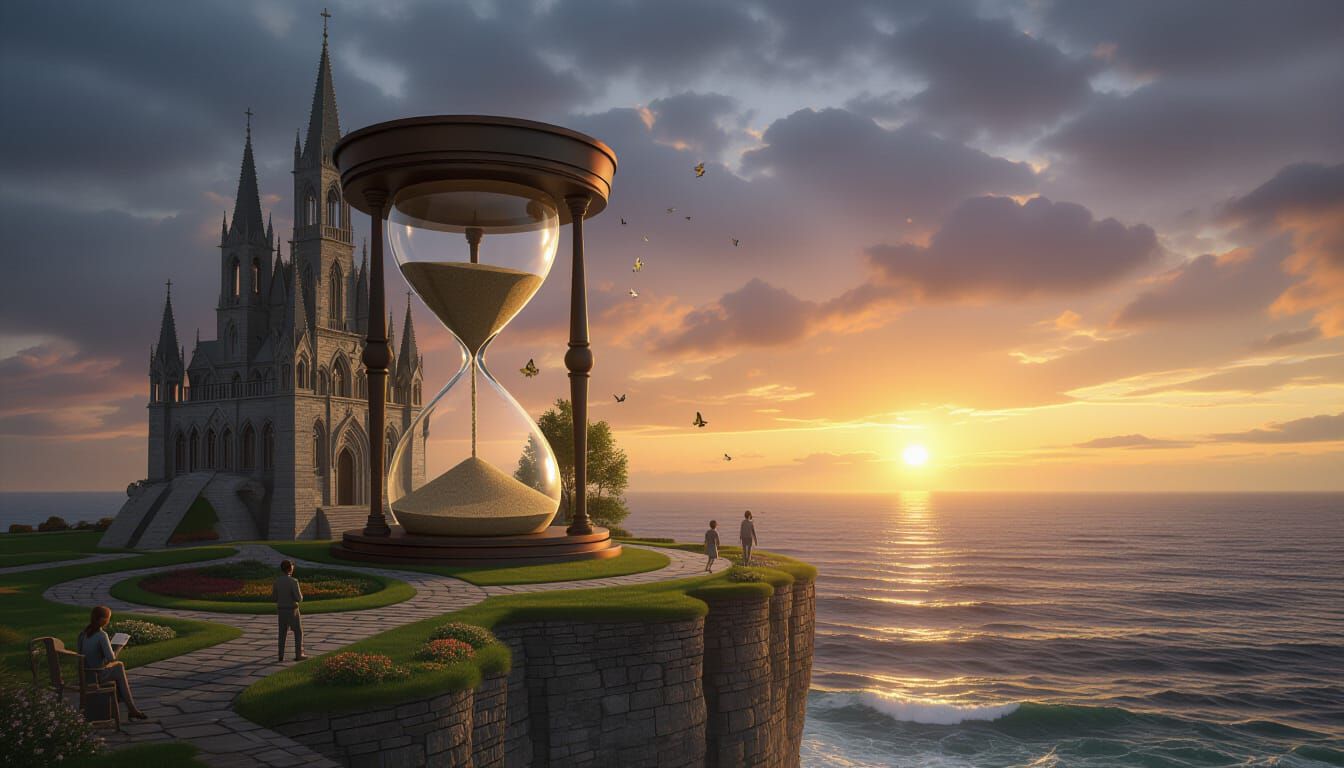 Hourglass Castle Above Stormy Sea at Sunset