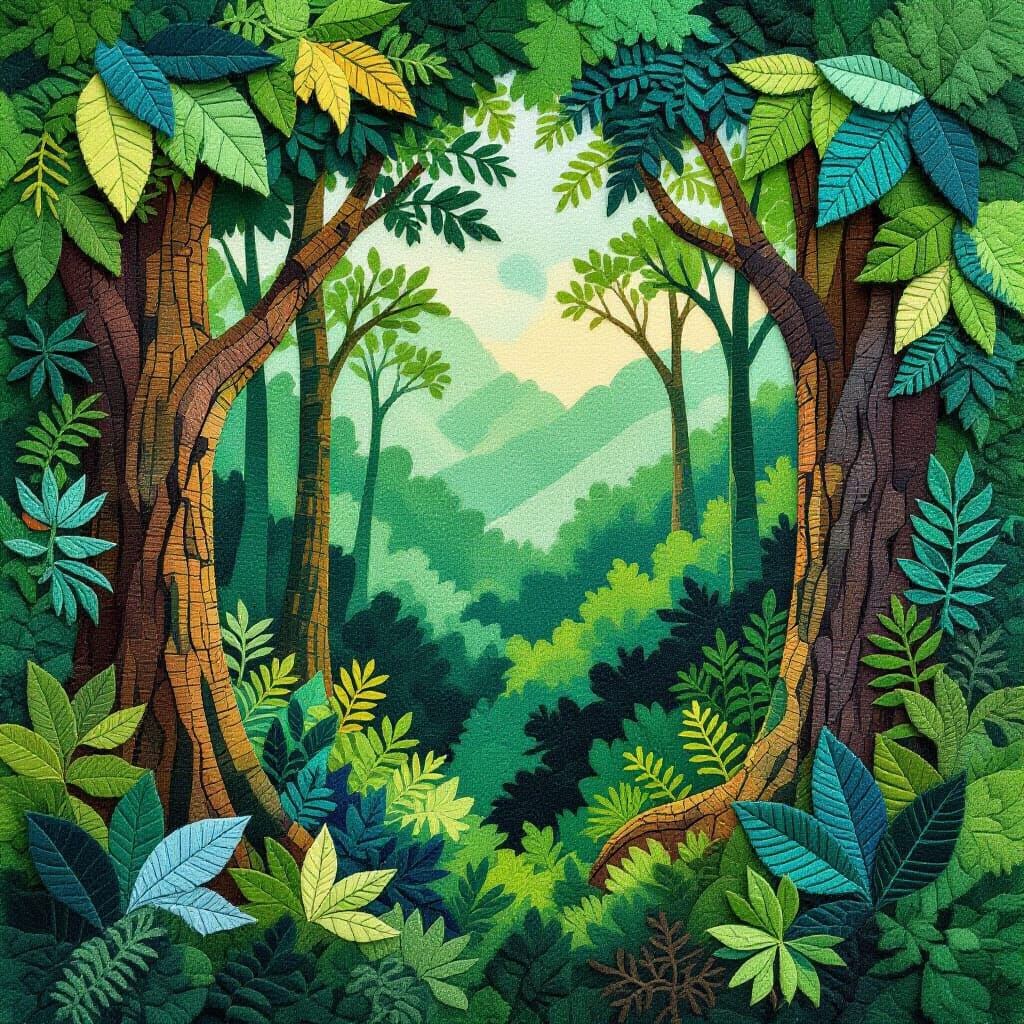 Vibrant Felt Amazon Forest in Textile Art Style