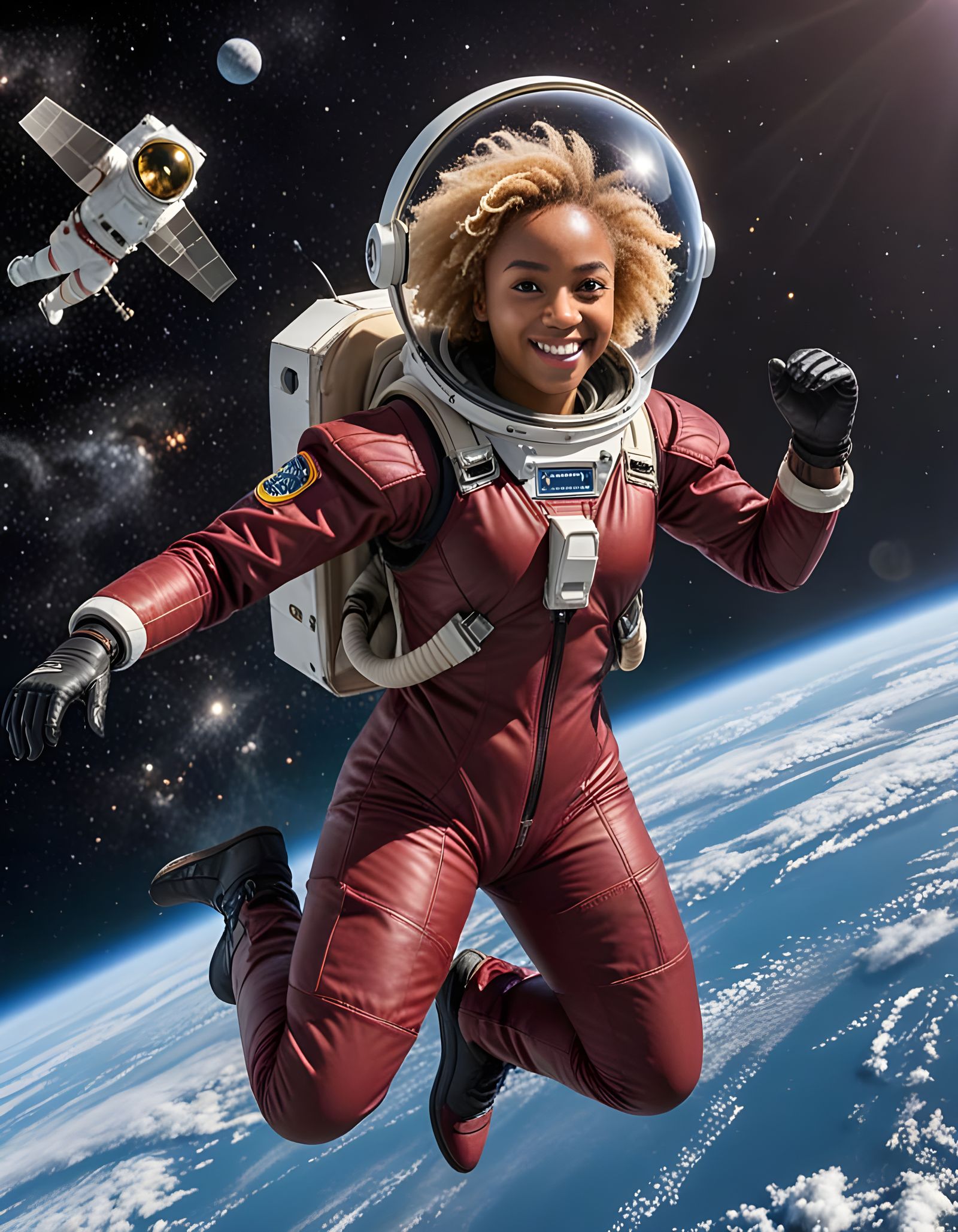 Burgundy Astronaut Dives Back to Shuttle in Nebula