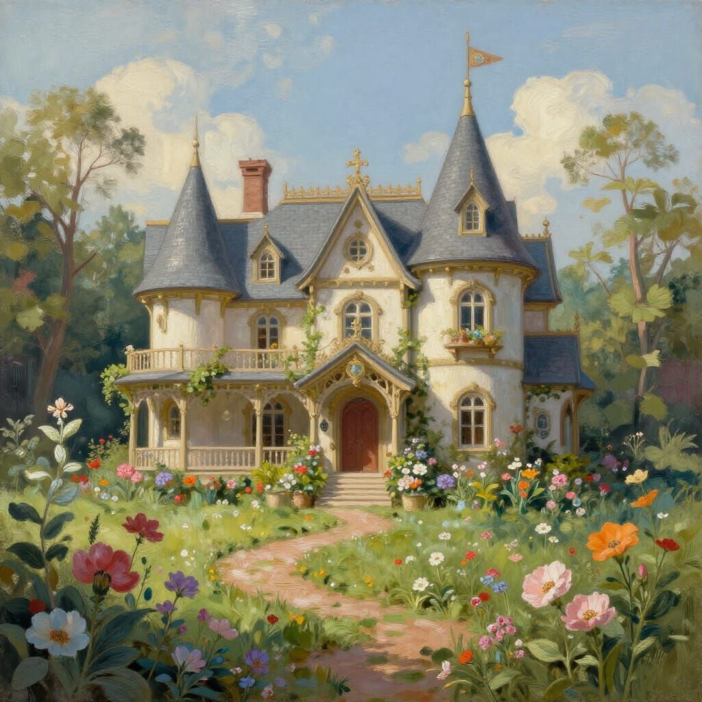 Fairy Mansion Landscape Painting Surrounded by Flowers