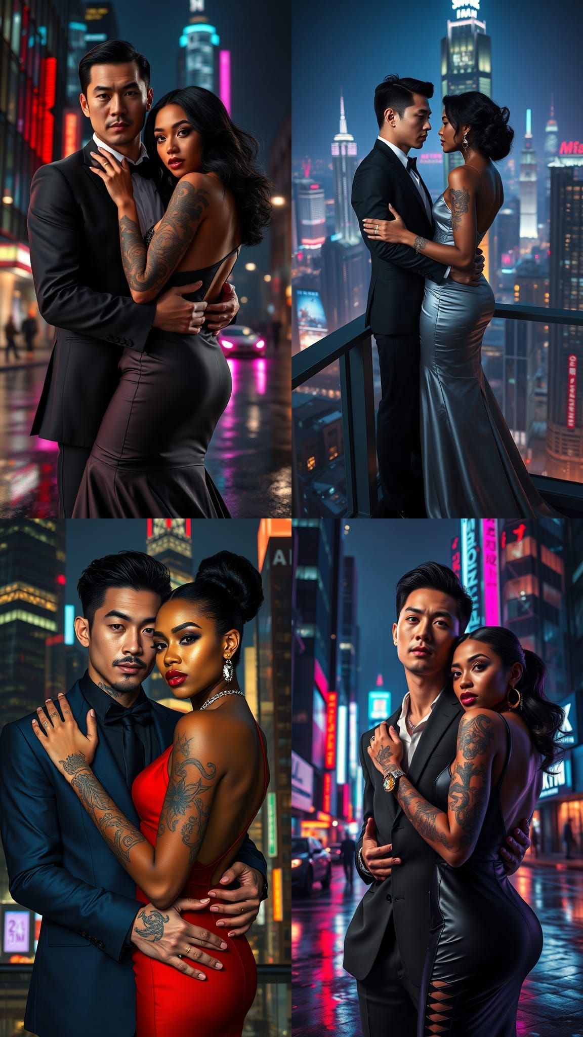 Japanese Man Hugs Wealthy Black Woman Under City Night Sky